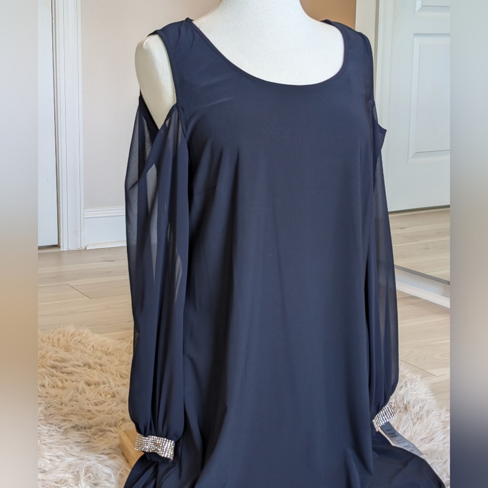NWT - MSK Cold Shoulder Swing Dress with rhinestone cuffs -size 12 - Deep Navy
